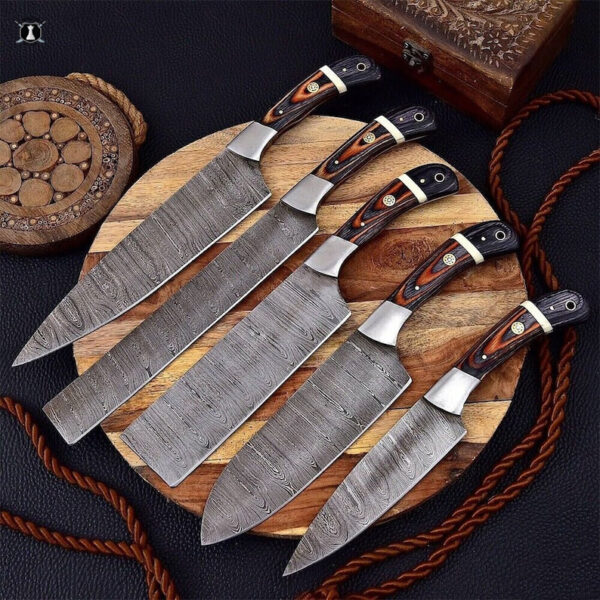 Custom Handmade Damascus Steel Chef Set Wood&Camel Bone Handle With Free Leather Sheath - Image 4