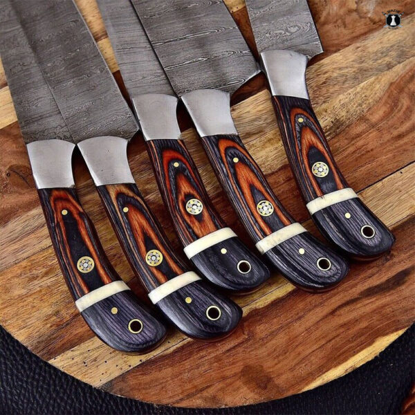 Custom Handmade Damascus Steel Chef Set Wood&Camel Bone Handle With Free Leather Sheath - Image 3