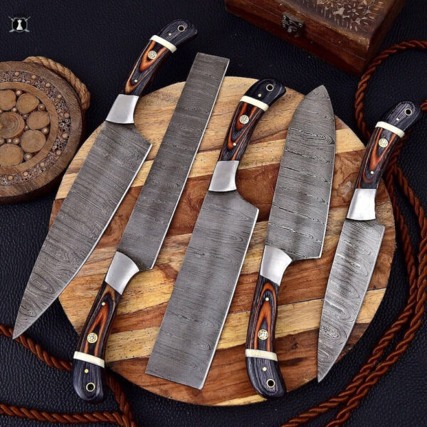 Custom Handmade Damascus Steel Chef Set Wood&Camel Bone Handle With Free Leather Sheath - Image 2