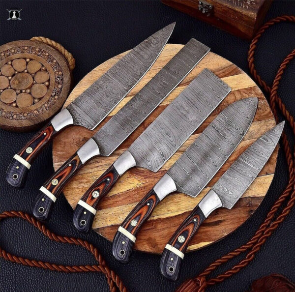 Custom Handmade Damascus Steel Chef Set Wood&Camel Bone Handle With Free Leather Sheath