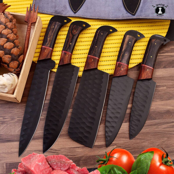 Custom Handmade Carbon Steel Chef Set Wenge Wood Handle With Free Leather Sheath - Image 2