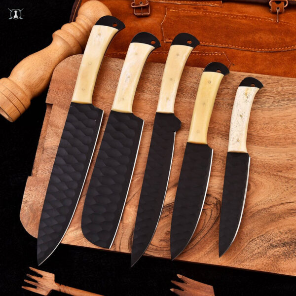 Custom Handmade Carbon Steel Chef Knife Set of 5 Olive Wood Handle With Free Leather Sheath - Image 2