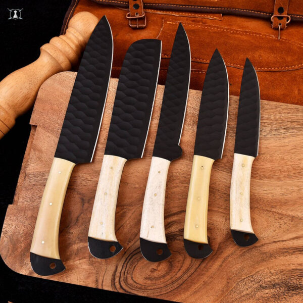 Custom Handmade Carbon Steel Chef Knife Set of 5 Olive Wood Handle With Free Leather Sheath