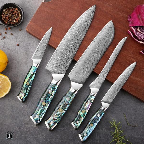 Custom Handmade Damascus Steel Chef Set Abalone Shell Handle With Free Leather Sheath - Image 4