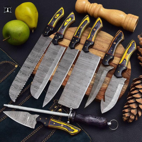 Custom Handmade Damascus Steel Chef Set of 8 Pakka Wood Handle With Free Leather Sheath - Image 3