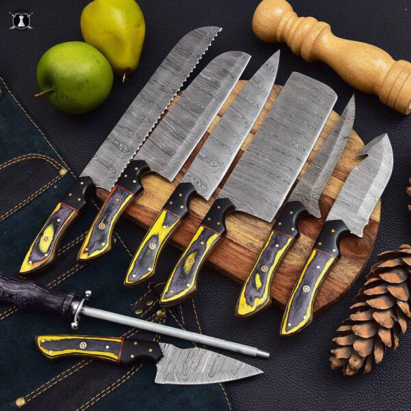 Custom Handmade Damascus Steel Chef Set of 8 Pakka Wood Handle With Free Leather Sheath