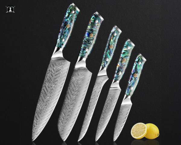 Custom Handmade Damascus Steel Chef Set Abalone Shell Handle With Free Leather Sheath