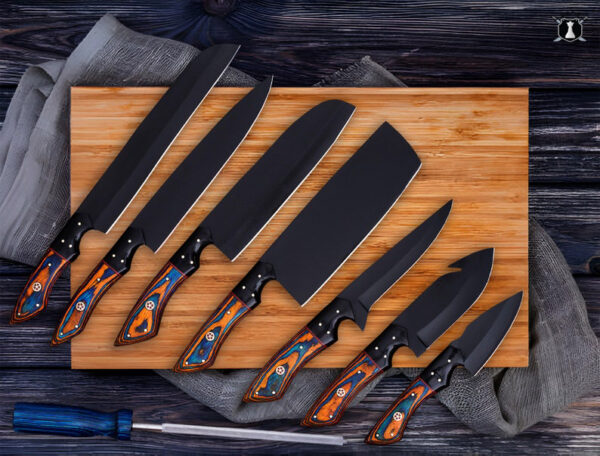 Custom Carbon Steel Handmade Chef Knives Set of 8 Dollar Wood Handle With Free Leather Sheath - Image 2