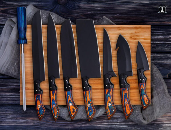 Custom Carbon Steel Handmade Chef Knives Set of 8 Dollar Wood Handle With Free Leather Sheath