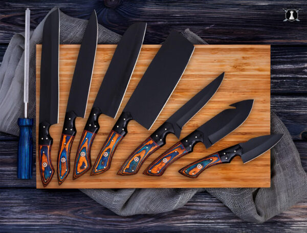 Custom Carbon Steel Handmade Chef Knives Set of 8 Dollar Wood Handle With Free Leather Sheath - Image 3