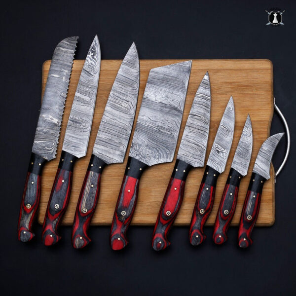 Custom Handmade Damascus Steel Chef Set Dollar Wood Handle With Free Leather Sheath - Image 3