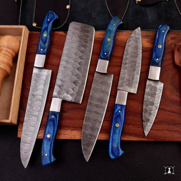 Custom Damascus Steel Chefs Set of 5 Knives Blue Micarta Wood Handle With Free Leather Sheath - Image 3