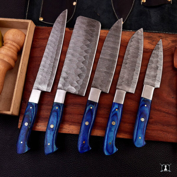 Custom Damascus Steel Chefs Set of 5 Knives Blue Micarta Wood Handle With Free Leather Sheath