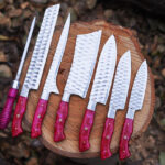 Custom Handmade Damascus Steel Chef Set Wood&Iron Handle With Free Leather Sheath