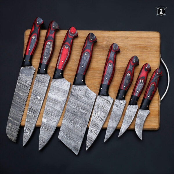 Custom Handmade Damascus Steel Chef Set Dollar Wood Handle With Free Leather Sheath - Image 2