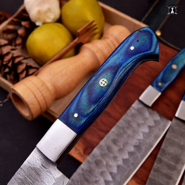 Custom Damascus Steel Chefs Set of 5 Knives Blue Micarta Wood Handle With Free Leather Sheath - Image 2