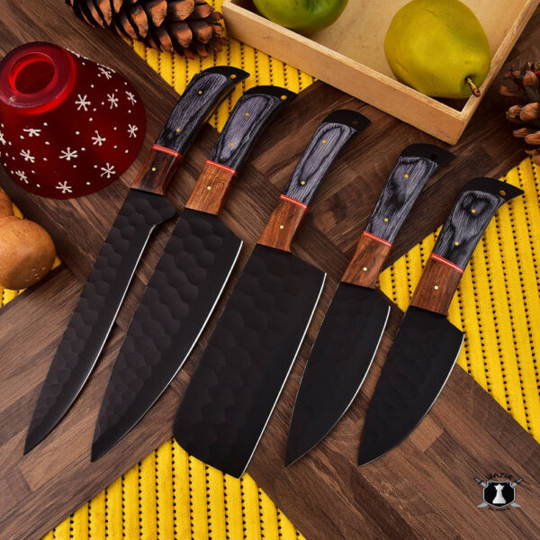 Custom Handmade Carbon Steel Coated Chef Set Rose Wood Handle With Free Leather Sheath - Image 2