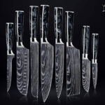 Custom Handmade Damascus Steel Chef Set Black Reisin Handle With Free Leather Sheath