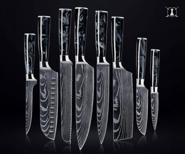 Custom Handmade Damascus Steel Chef Set Black Reisin Handle With Free Leather Sheath