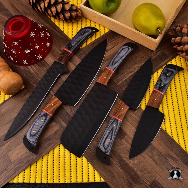 Custom Handmade Carbon Steel Coated Chef Set Rose Wood Handle With Free Leather Sheath - Image 4