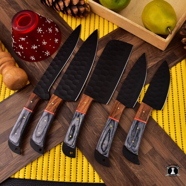 Custom Handmade Carbon Steel Coated Chef Set Rose Wood Handle With Free Leather Sheath