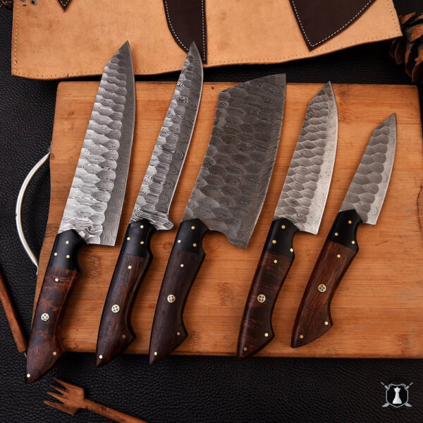 Custom Handmade Damascus Steel Kitchen Knife Set Rose Wood Handle With Free Leather Sheath