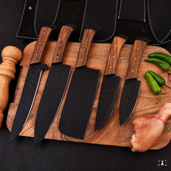 Custom Handmade Carbon Steel Chef Set Rose Wood Handle With Free Leather Sheath