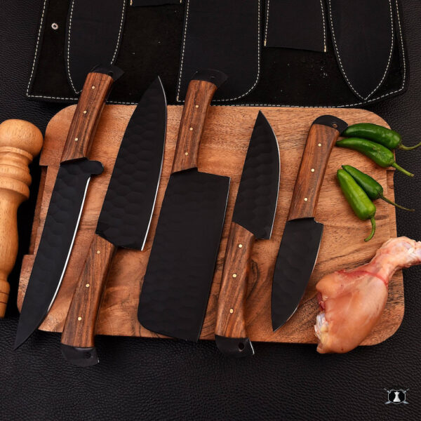 Custom Handmade Carbon Steel Chef Set Rose Wood Handle With Free Leather Sheath - Image 2