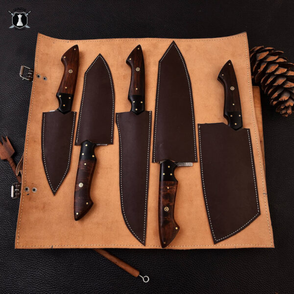 Custom Handmade Damascus Steel Kitchen Knife Set Rose Wood Handle With Free Leather Sheath - Image 4