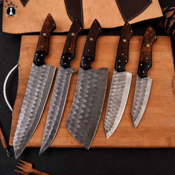 Custom Handmade Damascus Steel Kitchen Knife Set Rose Wood Handle With Free Leather Sheath - Image 2