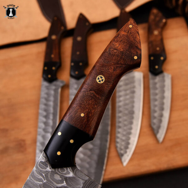 Custom Handmade Damascus Steel Kitchen Knife Set Rose Wood Handle With Free Leather Sheath - Image 3