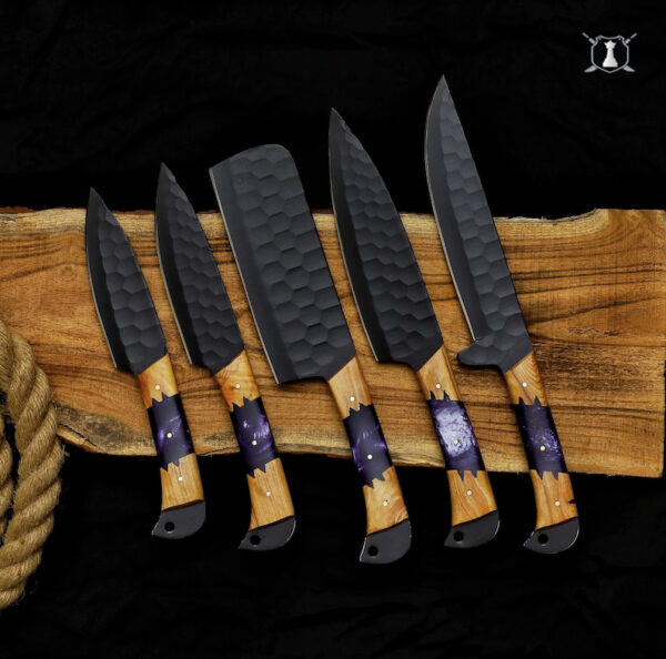 Custom Handmade Carbon Steel Chef Set Rose Wood Handle With Free Leather Sheath