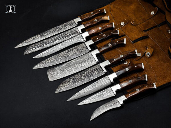 Custom Handmade Damascus Steel Chef Set Rose Wood Handle With Free Leather Sheath