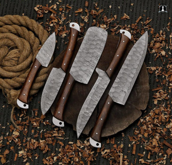 Custom Handmade Damascus Steel Chef Set Micarta Wood Handle With Free Leather Sheath - Image 2