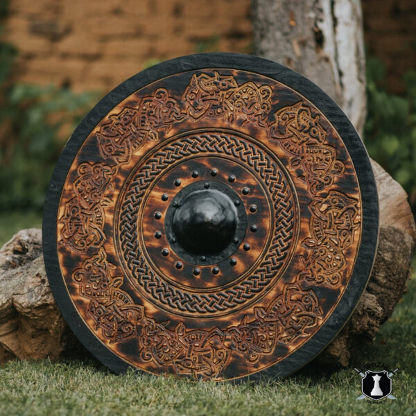 Handcarved Dark Stained Drake Knotwork Viking Shield