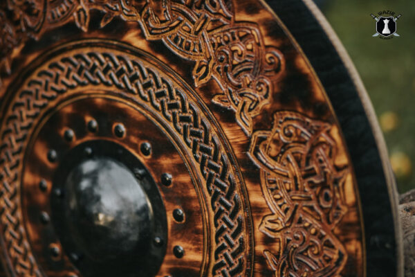 Handcarved Dark Stained Drake Knotwork Viking Shield - Image 2