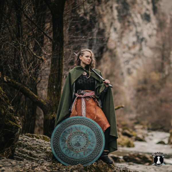 Viking Shield with Carved Odin's Raven Huginn and Muninn Symbols - Image 2