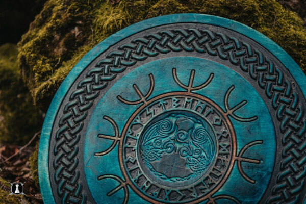 Viking Shield with Carved Odin's Raven Huginn and Muninn Symbols - Image 3