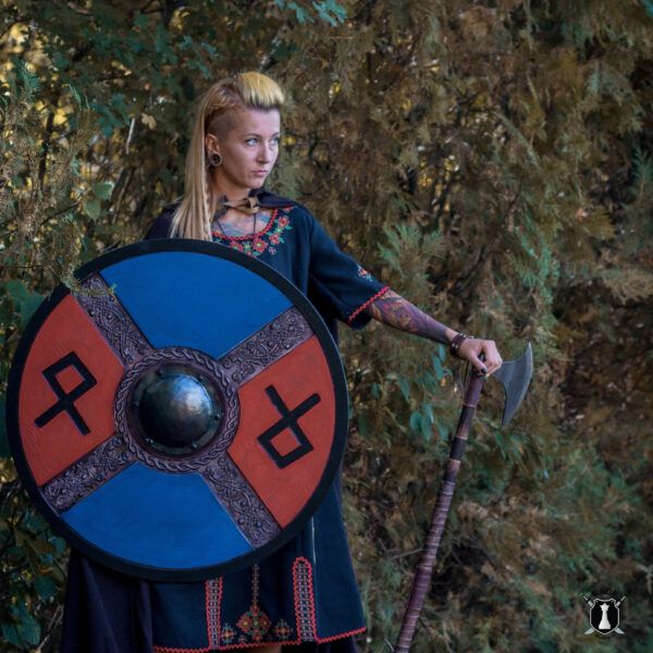 Handcarved Blue And Red Style Rune Viking Shield - Image 5