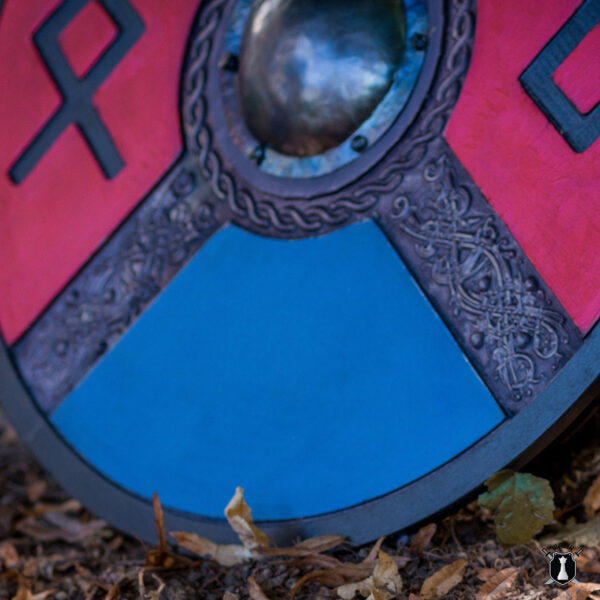 Handcarved Blue And Red Style Rune Viking Shield - Image 2