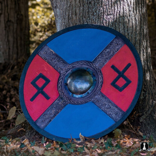 Handcarved Blue And Red Style Rune Viking Shield