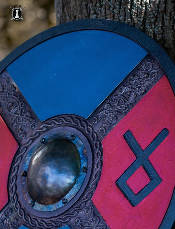 Handcarved Blue And Red Style Rune Viking Shield - Image 3