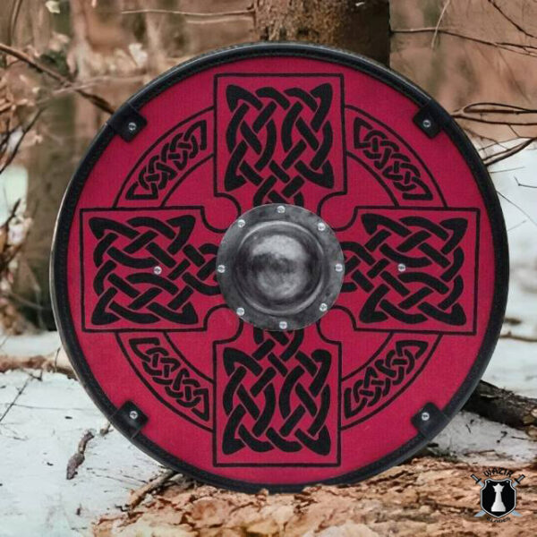 Viking Shield Smooth Red Medieval Shield with Celtic Sun Cross