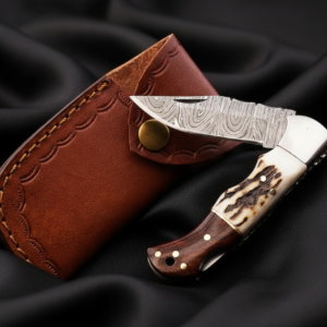 Handmade Damascus Steel Folding Knife Pocket Knives – Stag Horn & Rosewood Handle with Leather Sheath