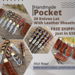 Wholesale Lot – 20 Handmade Damascus Steel Pocket Knives with Leather Covers