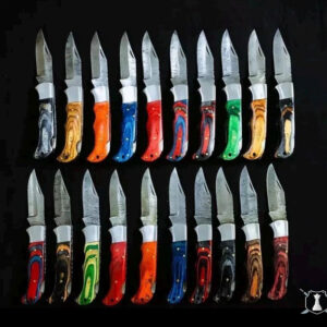 Lot of 20 Damascus Steel Pocket Knives with Leather Sheaths