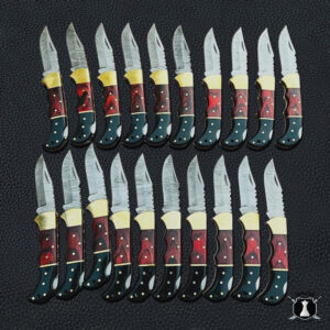 Lot of 20 Handmade Damascus Steel Folding Pocket Knives With Leather Covers