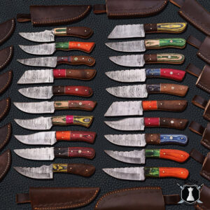 Lot of 20 Handmade Damascus Steel Hunting/Camping EDC Knives With Leather Sheaths