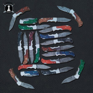 Lot of 20 Handmade Damascus Steel Pocket Folding Knives With Leather Sheaths