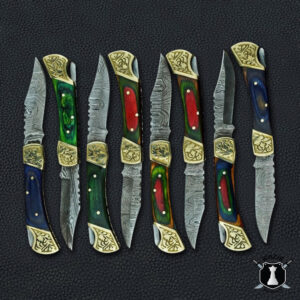 Lot of 20 Damascus Steel Pocket Knives With Leather Covers